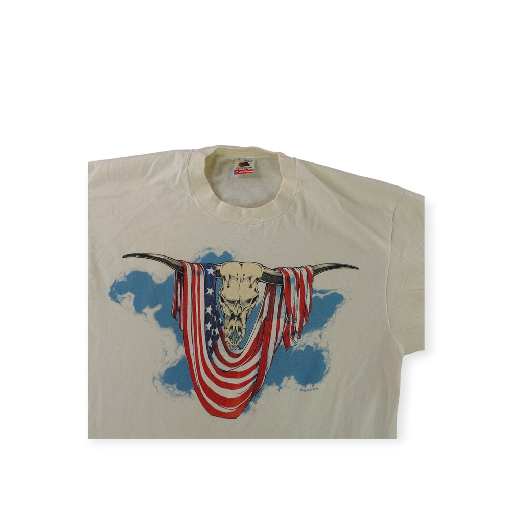 Vintage 1988 Steer Skull American Flag T Shirt Mens Large Single Stitch USA FOTL